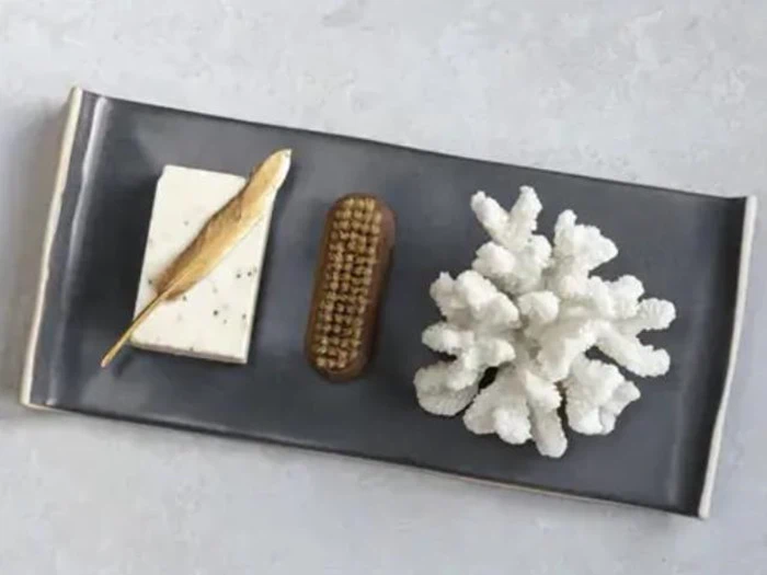 En rektangulær grå plade med en hvid rektangulær blok med et blad, en lille brun genstand og et stykke hvid korallignende dekoration.