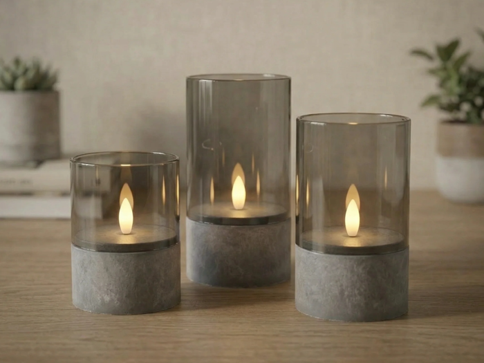 Nordic Flame, Outdoor, LED-lys, Grå, Glas, Sæt m. 3 stk., Dia:8xH:10 & Dia:8xH:12,5 & Dia:8xH:15 cm