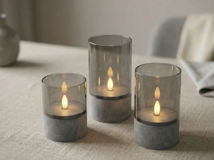 Nordic Flame, Outdoor, LED-lys, Grå, Glas, Sæt m. 3 stk., Dia:8xH:10 & Dia:8xH:12,5 & Dia:8xH:15 cm