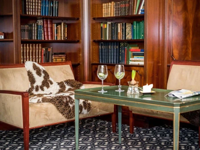 Hyggeligt bibliotekshjørne med lænestole, en pelskvast, et grønt sofabord med to drinks, en blomst og bogreoler fyldt med bøger.