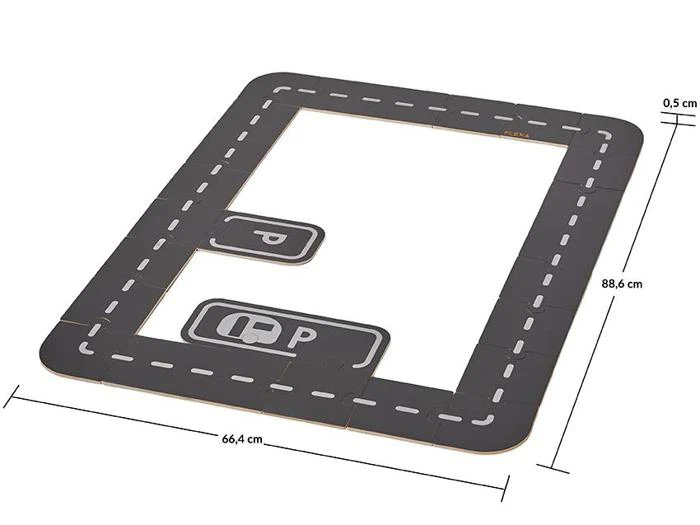 Rektangulær legetøjsvejmåtte med stiplede kørebanemarkeringer, en parkeringsplads og mål: 88,6 cm x 66,4 cm, tykkelse 0,5 cm.