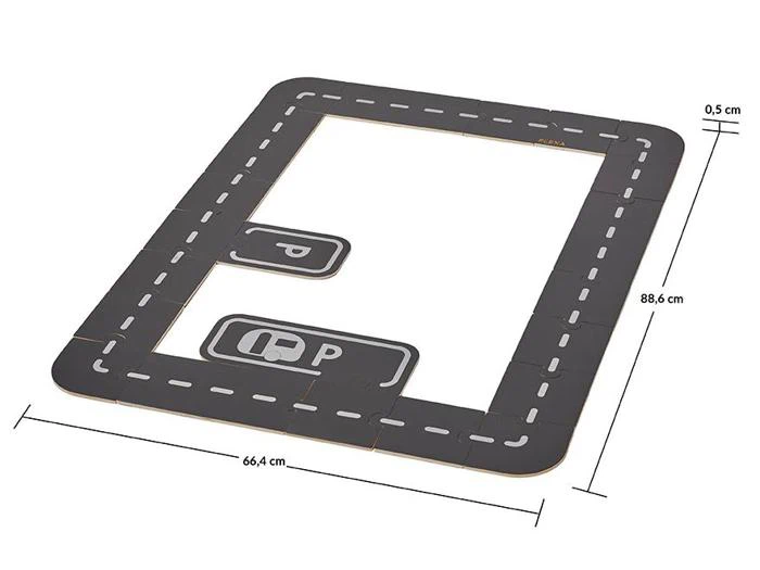 Rektangulær legetøjsbane med stiplede hvide linjer, en parkeringsplads og en lille sidevej. Målene er 88,6 cm x 66,4 cm x 0,5 cm.