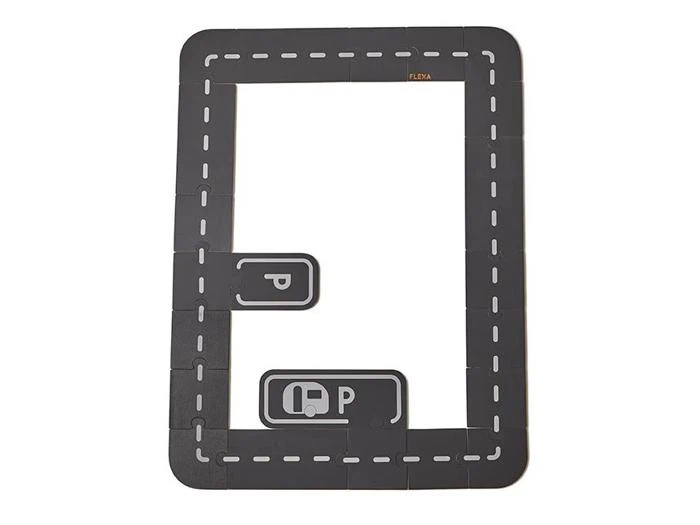 En rektangulær legetøjsvejbane med stiplede banemarkeringer og to parkeringspladser, den ene markeret til biler og den anden til busser, på en hvid baggrund.