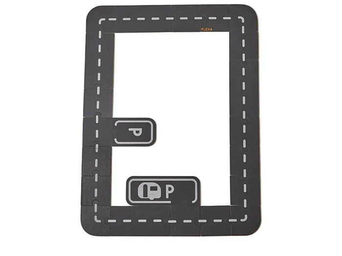 Rektangulær legetøjsbane med stiplede hvide midterlinjer og to parkeringspladser markeret med P-symboler inden for rammen.