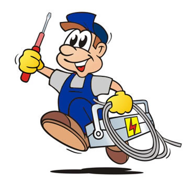 Tegneserieelektriker i blå overalls og kasket, med en skruetrækker i den ene hånd og et oprullet kabel i den anden, smilende og energisk gående.