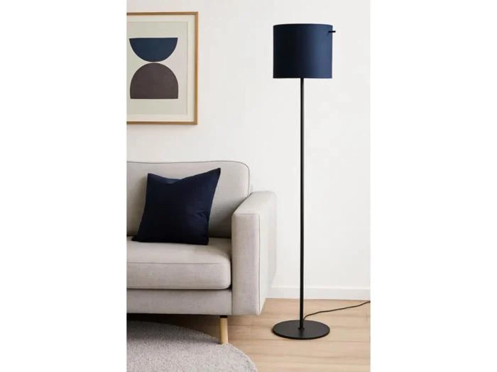 En moderne stue med en lysegrå sofa, en marineblå pude, en sort gulvlampe med en marineblå skærm og abstrakt kunst på væggen.