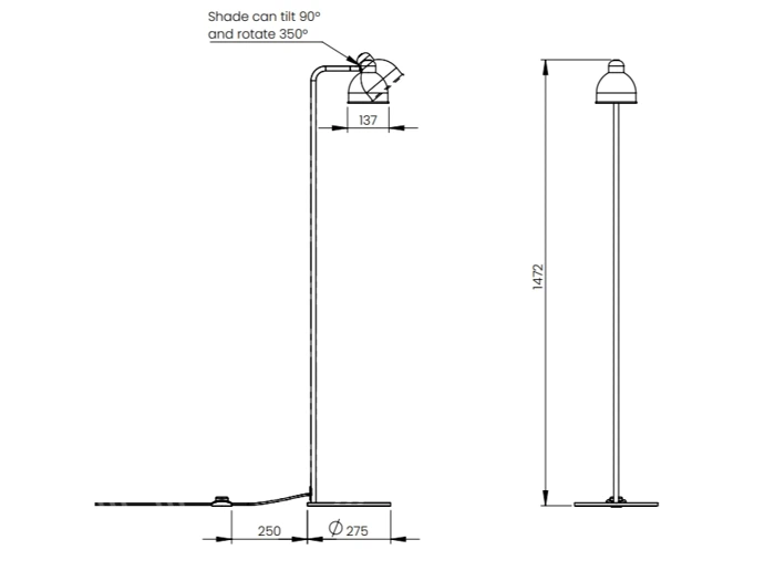 Teknisk tegning af en gulvlampe, der viser dens samlede højde på 1472 mm, fodens diameter på 275 mm samt lampeskærmens bevægelsesmuligheder.