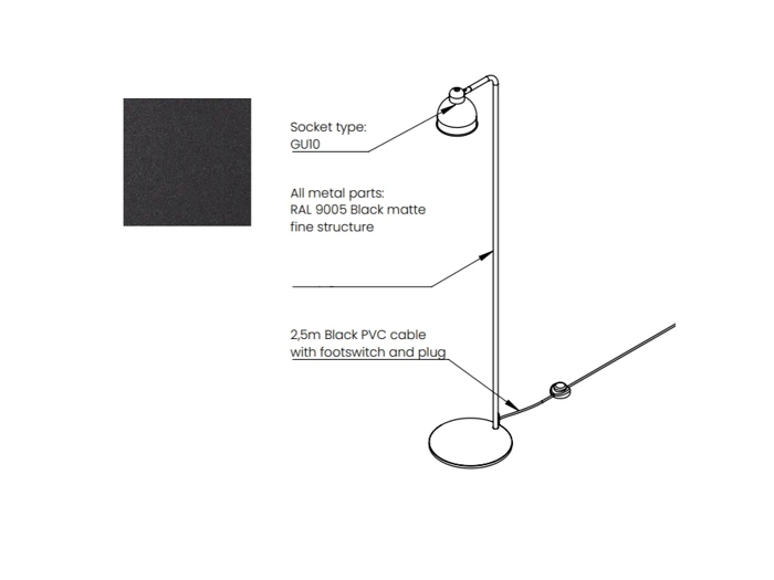 Teknisk tegning af en sort gulvlampe med mærkater, der angiver GU10-fatningen, RAL 9005 sort mat metaloverflade samt et 2,5 m langt sort PVC-kabel med fodkontakt.