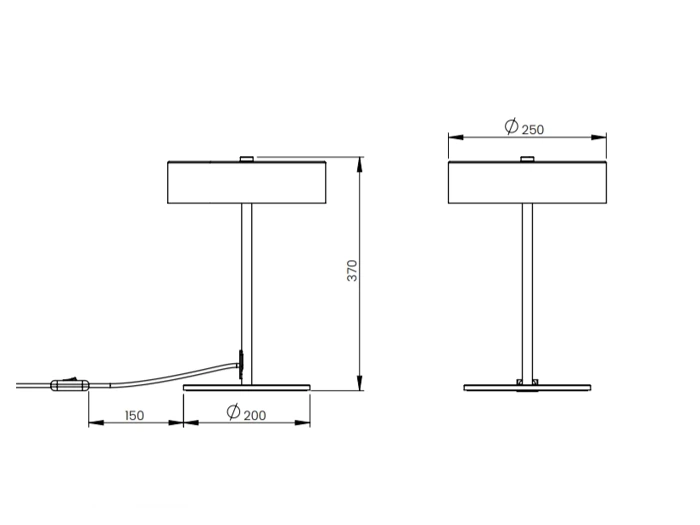 Teknisk tegning af en bordlampe med følgende mål: højde 370 mm, fodens diameter 200 mm, lampeskærmens diameter 250 mm, fodens tykkelse 150 mm. Strømkablet går ud fra foden.