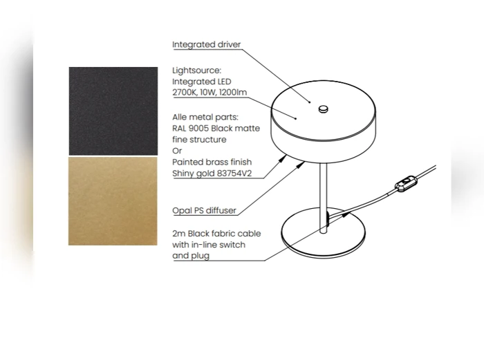 Stregtegning af en bordlampe med mærkede dele, to farveprøver (mat sort og skinnende guld) samt en beskrivelse af LED-specifikationer, materialer og kabeldetaljer.
