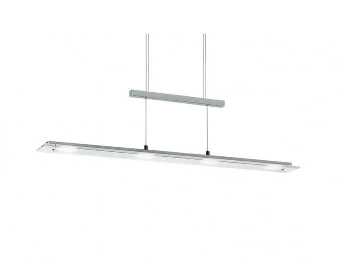 En moderne, rektangulær LED-pendel med et slankt, metallisk design, ophængt i to stænger fra et loftbeslag mod en hvid baggrund.