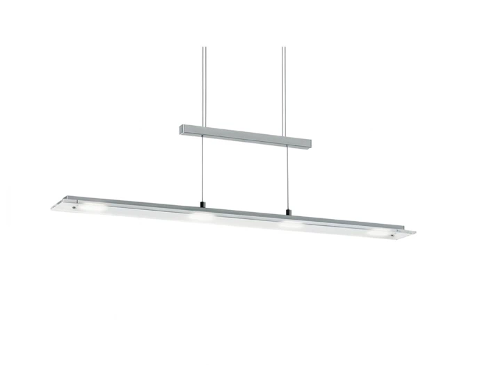 En moderne, rektangulær LED-pendel med et slankt, metallisk design, ophængt i to stænger fra et loftbeslag mod en hvid baggrund.