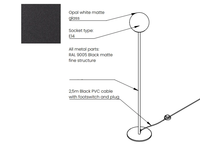 Teknisk diagram over en gulvlampe med en kugleformet glasskærm, et tyndt metalstativ og et strømkabel med fodkontakt, hvor specifikationerne for glasset, fatningstypen, metaloverfladen og kablet er fr