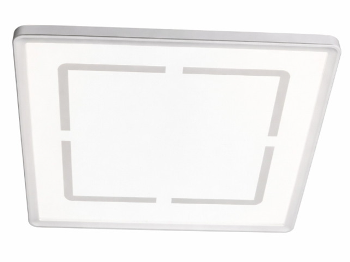 En moderne firkantet LED-loftslampe med hvid ramme og geometrisk design på skærmen, fotograferet nedefra.