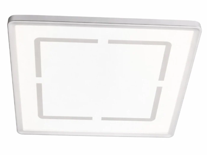 En moderne firkantet LED-loftslampe med hvid ramme og geometrisk design på skærmen, fotograferet nedefra.