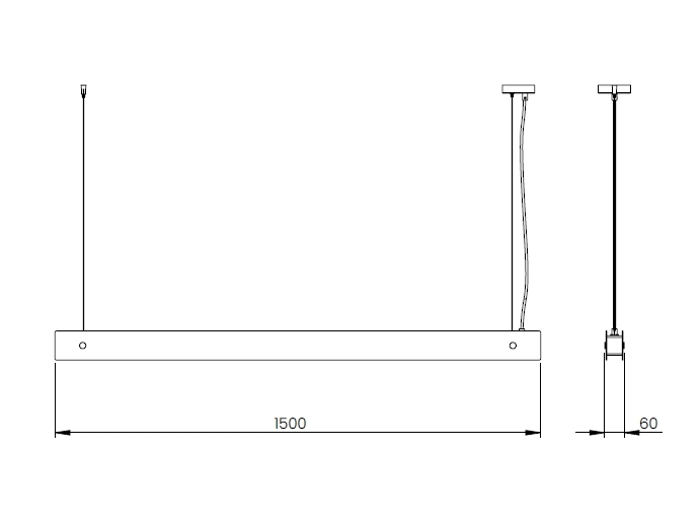Teknisk tegning af en rektangulær pendel, 1500 mm bred og 60 mm høj, vist både set forfra og fra siden med ophængskabler.