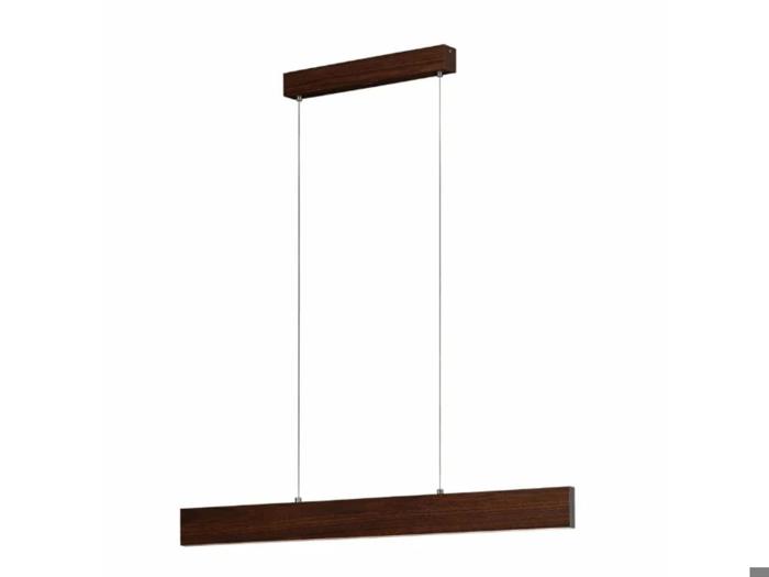 En moderne rektangulær træpendel ophængt i to tynde kabler fra et matchende rektangulært loftsbeslag på en hvid baggrund.
