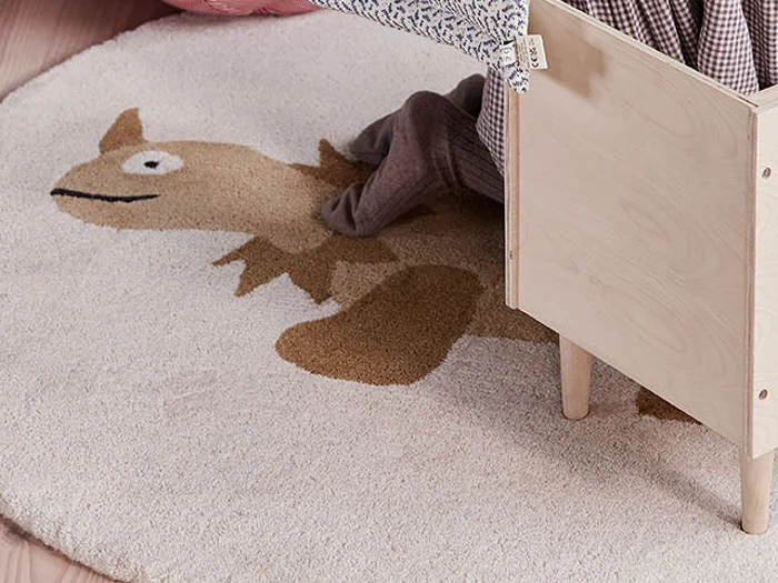 OYOY, Mini, Billy, Dino, Tæppe, Råhvid, Brun, Hand-tufted, 80% Uld, 20% Bomuld, Dia:120 x H:2 cm