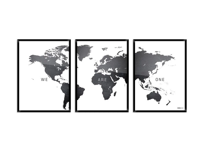 Plakatsæt: 3 verdenskort med teksten: "WE ONE"