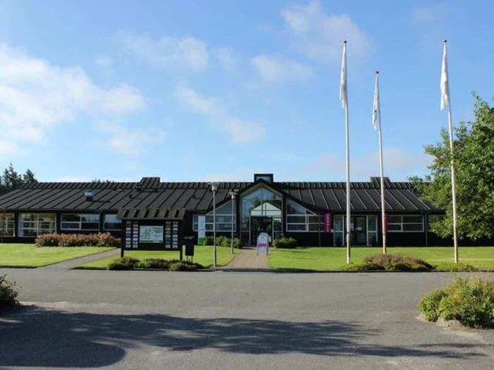 En moderne bygning i én etage med sort tag og store vinduer, tre flagstænger og en velplejet græsplæne under en blå himmel.