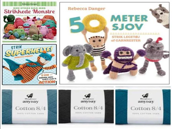 En collage med to strikkebøger, Strikkede Monstre og 50 Meter Sjov, en superhelte-strikkeguide og tre nøgler Anyday Cotton 8/4-garn i grå og blå.
