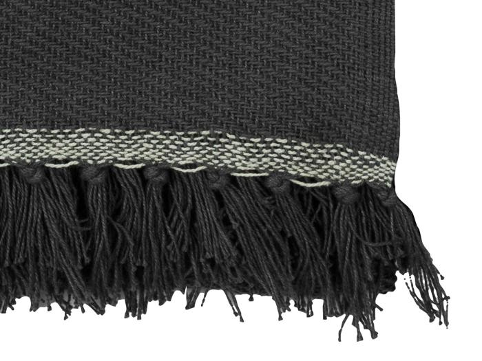 Nærbillede af et mørkt vævet tekstil med en lys stribe nær kanten og lange, tykke frynser, der hænger ned fra bunden.