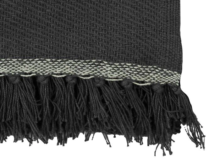 Nærbillede af et mørkt vævet tekstil med en lys stribe nær kanten og lange, tykke frynser, der hænger ned fra bunden.