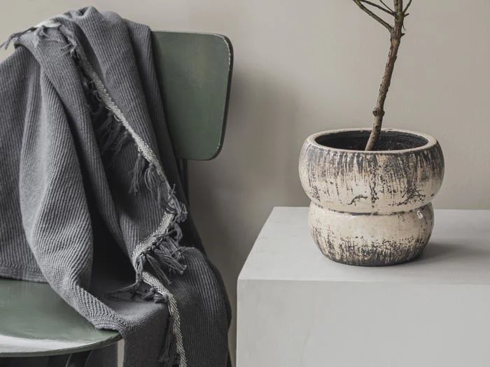 Et gråt tæppe med frynser er draperet over en grøn stol ved siden af en hvid krukke med et lille træ på et hvidt kubeformet stativ.