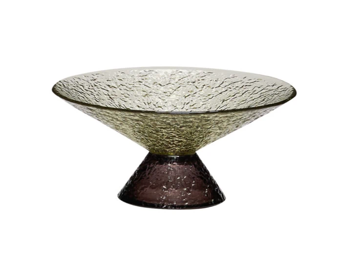 En struktureret glasskål med en bred, lav top og en smal, kegleformet bund, der har en gradient fra lys til mørk farve.