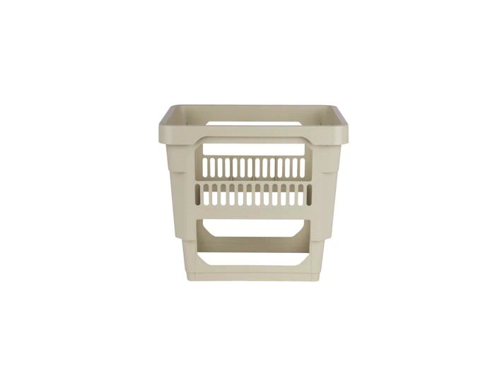 En beige opbevaringskasse i plast med åbne lameller og en rektangulær form, vist mod en almindelig hvid baggrund.