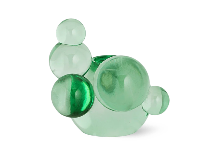 En gennemsigtig grøn glasvase med fem runde, boblelignende fremspring af varierende størrelse på siderne.