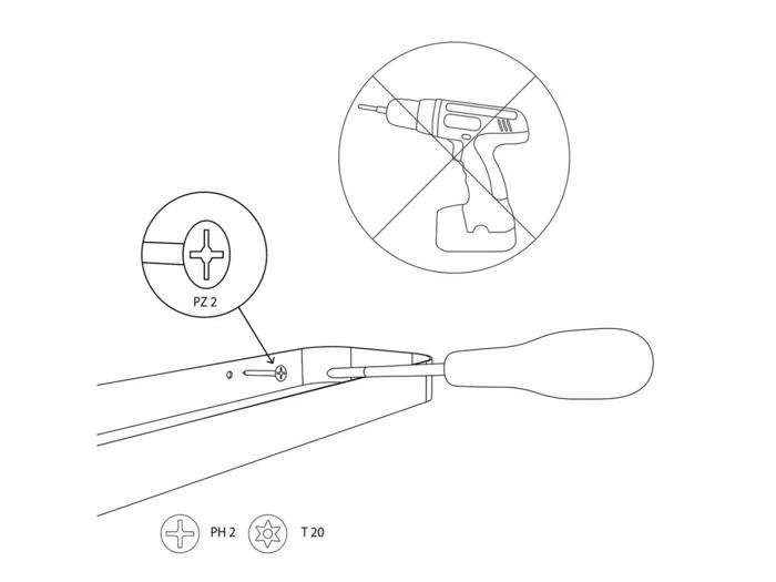 Stregtegning, der viser en hånd, der bruger en manuel skruetrækker på en skrue mærket PZ2, med en overstreget boremaskine over og PH2- og T20-symboler i bunden.