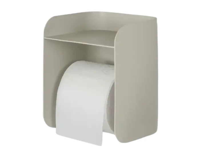En beige toiletpapirholder med en hylde på toppen.