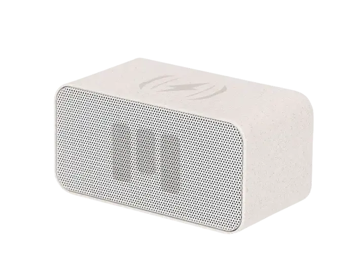 En lille, rektangulær, hvid Bluetooth-højttaler med netfront og et enkelt, minimalistisk design.