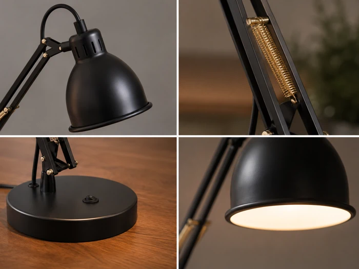 En collage bestående af fire nærbilleder af en sort, justerbar bordlampe, der viser lampeskærmen, fjedermekanismen, den runde fod med en knap samt lampen, når den er tændt.