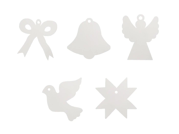 Fem hvide ornamentformer: en sløjfe, en klokke, en engel, en due og en ottetakket stjerne, alt sammen på en almindelig hvid baggrund.