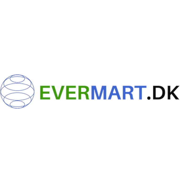 Logo med en wireframe-globus til venstre og teksten EVERMART.DK i grønne, blå og sorte store bogstaver på en transparent baggrund.