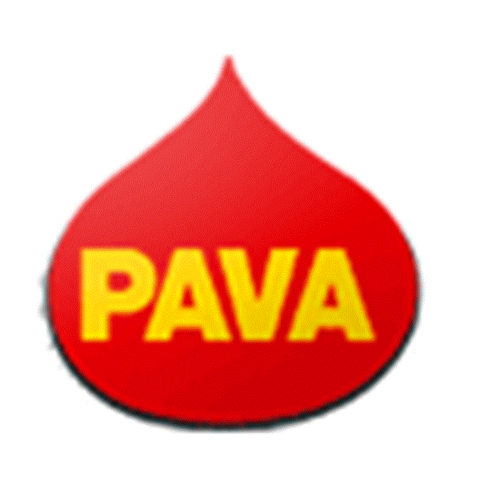 Et rødt dråbeformet logo med ordet PAVA i fede gule bogstaver centreret indeni.