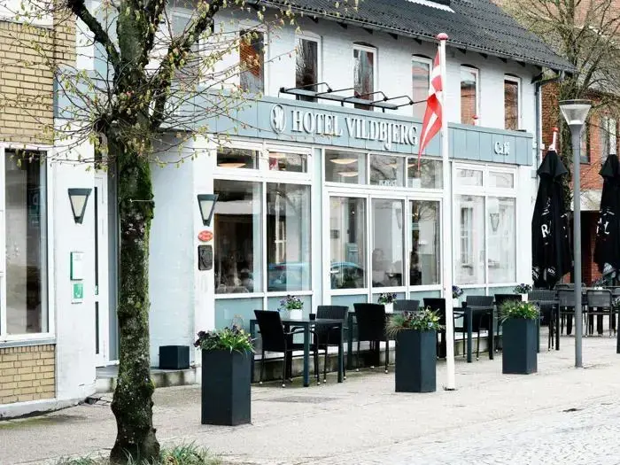 Gadebillede af Hotel Vildbjerg café med udendørs siddepladser, blomsterkrukker, et dansk flag og et træ foran bygningen.