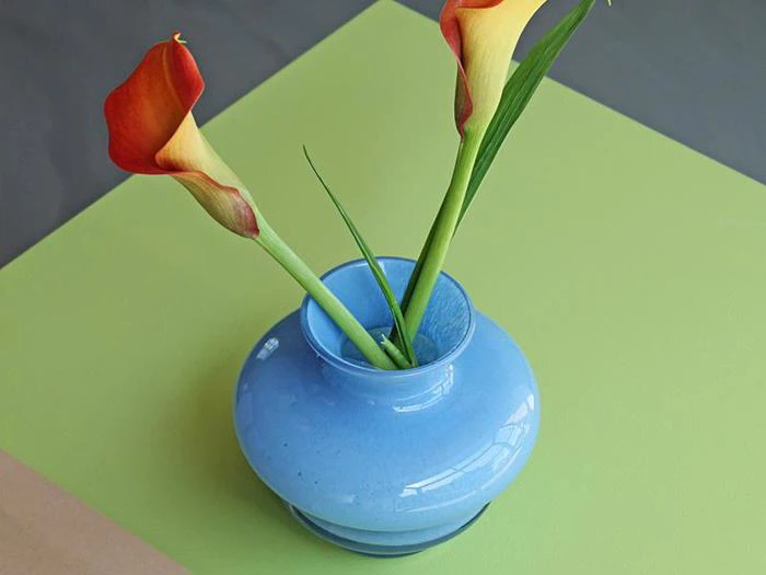 En blå vase med to orange og gule calla-liljer, placeret på en lysegrøn overflade med en del af en grå og beige baggrund synlig.