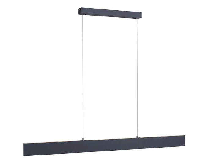 Minimalistisk sort rektangulær pendel ophængt i loftet med to tynde ledninger, med et enkelt og moderne design.