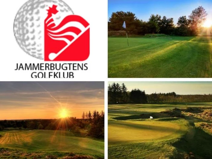 Logo for Jammerbugtens Golfklub over tre naturskønne fotos af en golfbane ved solnedgang, der viser grønne fairways, flag og omgivende træer.