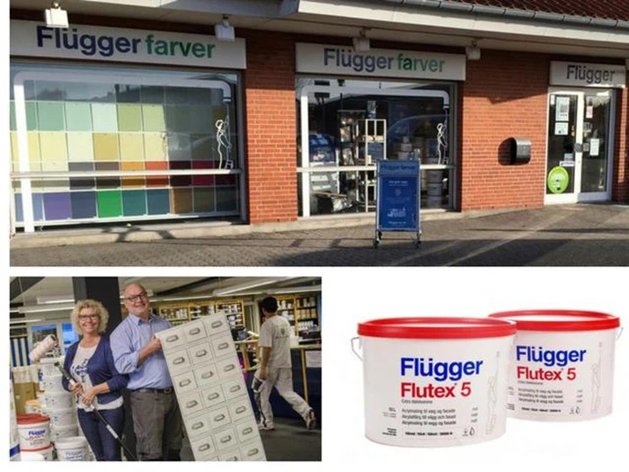 En farvehandel ved navn Flügger farver med farveprøver i vinduet, personale med malergrej og to Flügger Flutex 5 malerspande.