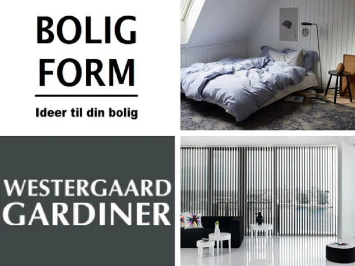 En collage med tekst om ideer til hjemmet, et hyggeligt soveværelse med skråt loft og en moderne stue med lodrette persienner og minimalistiske møbler.