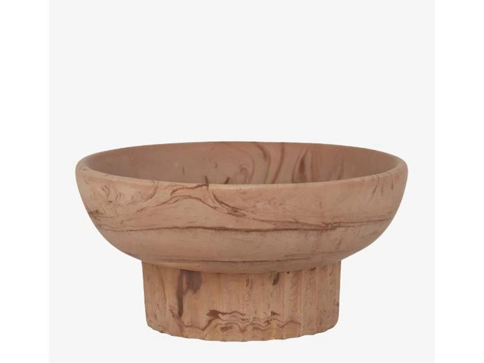 En rund træskål med en bred åbning og en tyk, cylindrisk bund med et naturligt træmønster.