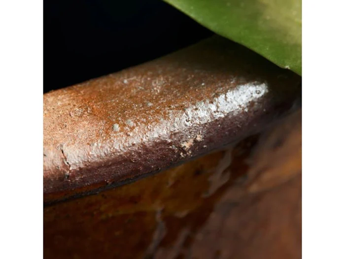 Nærbillede af kanten på en brun keramikkrukke med et grønt blad, der er delvist synligt i toppen. Krukkens overflade ser skinnende og struktureret ud.