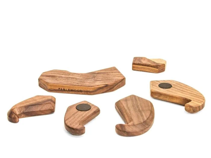 Seks trælegetøjsbrikker med glatte kanter, nogle med magneter, arrangeret på en hvid baggrund. Brikkerne er lavet af naturtræ og varierer i form og størrelse.