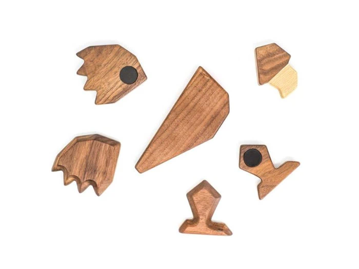 Seks geometriske træmagneter i forskellige former arrangeret på en hvid baggrund; to har små sorte cirkulære magneter synlige.