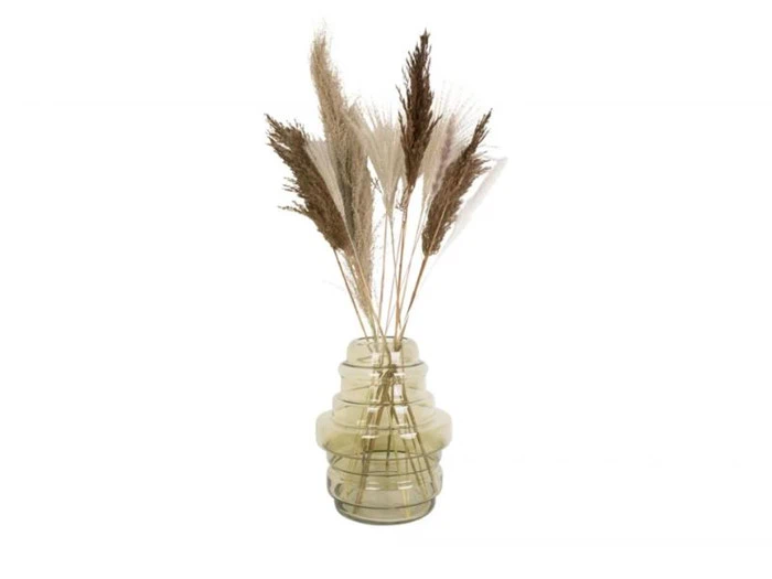 En klar, riflet glasvase med flere høje, tørrede pampasgræsstængler arrangeret indeni mod en hvid baggrund.