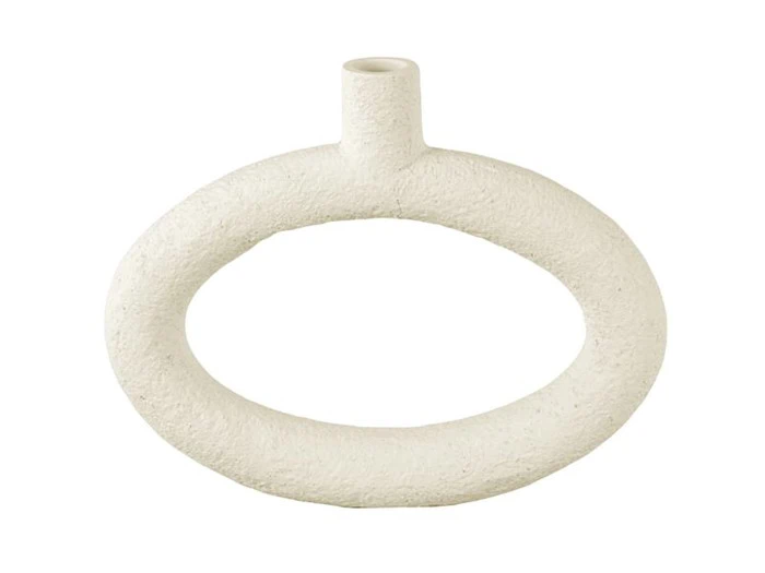 En struktureret, ovalformet hvid keramikvase med en lille, smal åbning i toppen og en hul midte.